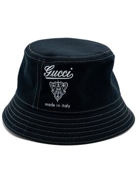 Size L 59cm Gucci Navy Blue Canvas Printed Logo Bucket Hat Contrast Stitching